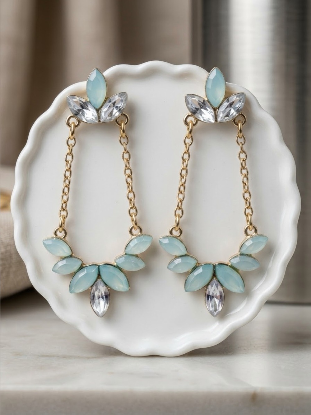 Ice Blue Mint Faux Opal Chandelier Earrings | Gold Chain Rhinestone Earrings